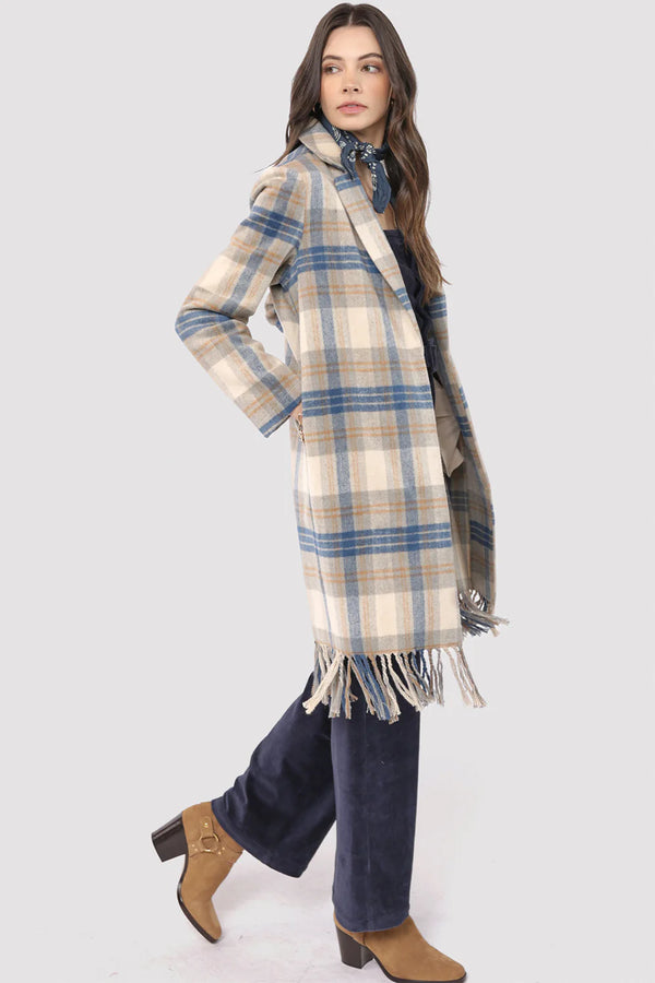 Prim Plaid Fringe Coat