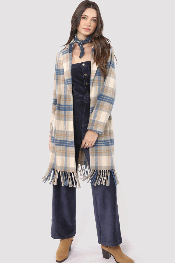 Prim Plaid Fringe Coat